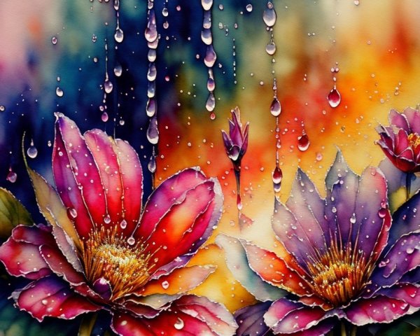 Vibrant Watercolor of Blooming Flowers and Colorful Background