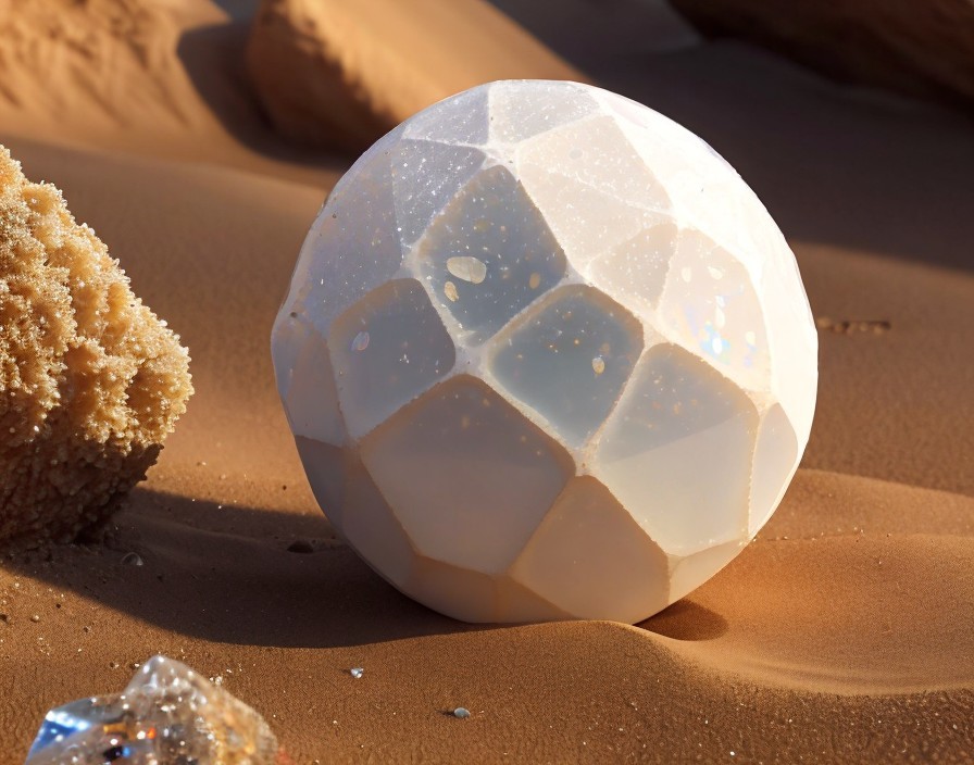 Translucent geometric orb on sandy surface with crystals