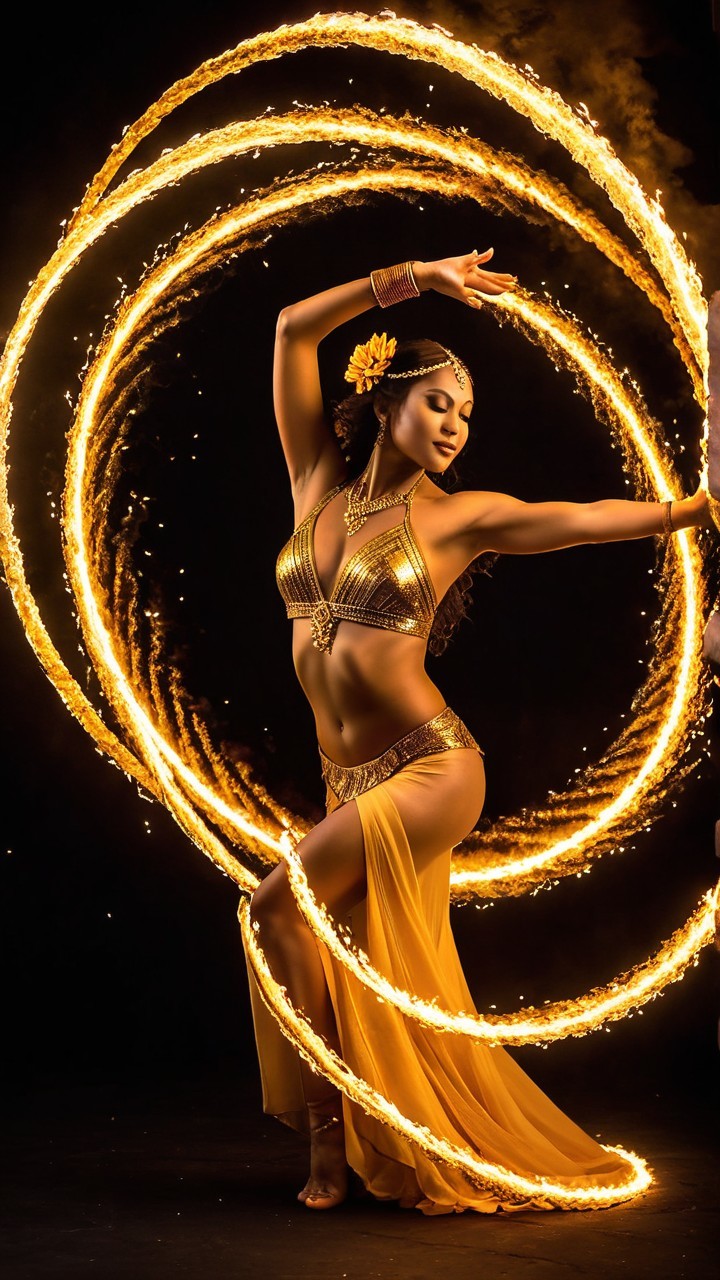 Dancer Performs with Fiery Hoops in Gold Attire