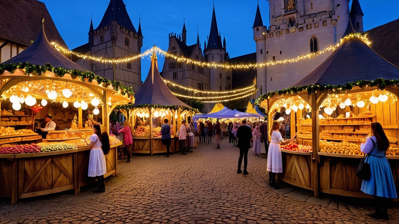 Charming Evening Market with Medieval Castle Backdrop