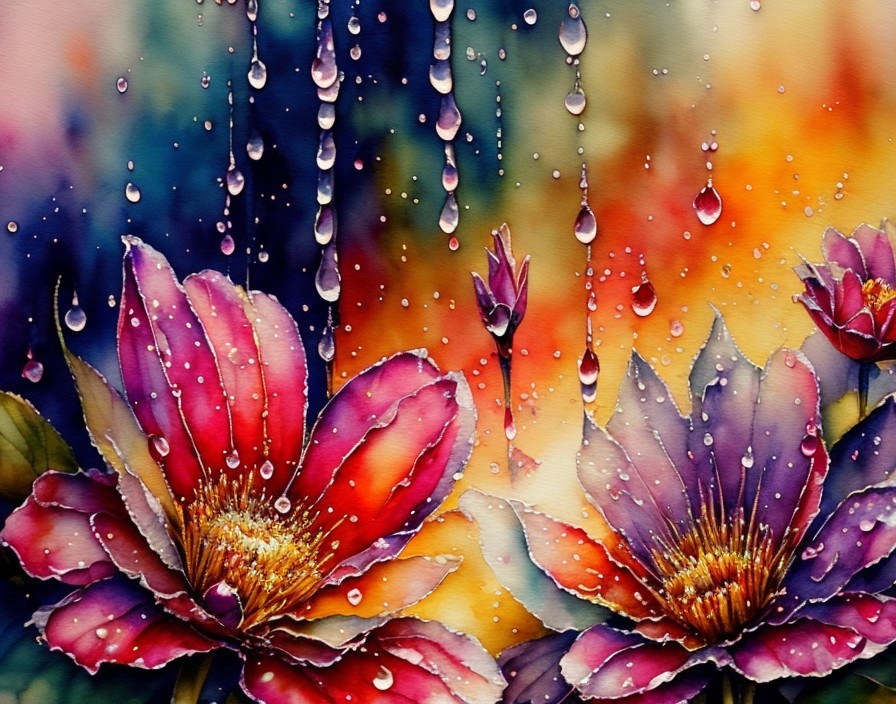 Vibrant Watercolor of Blooming Flowers and Colorful Background