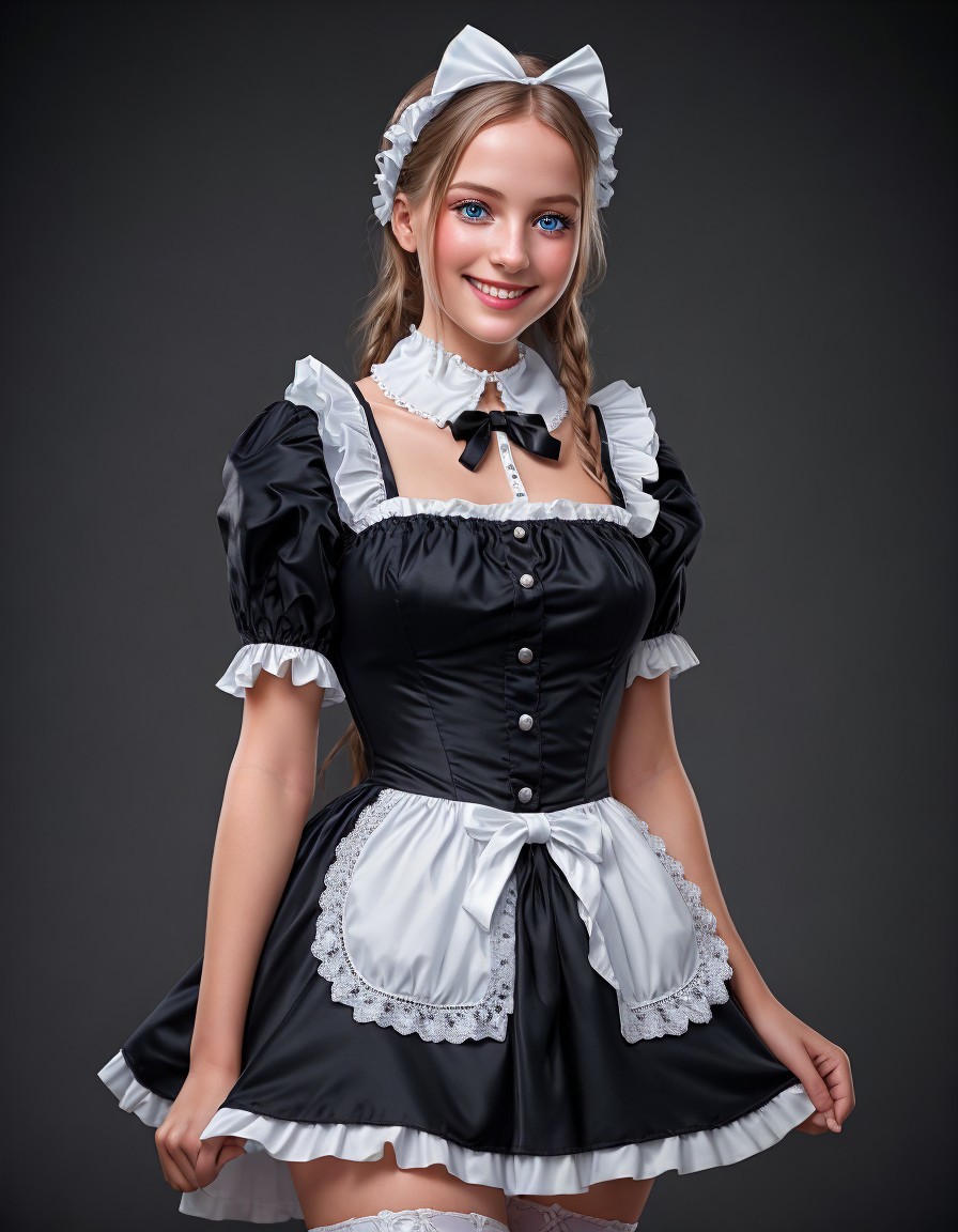 Blonde Woman in Black and White Maid Cosplay Outfit
