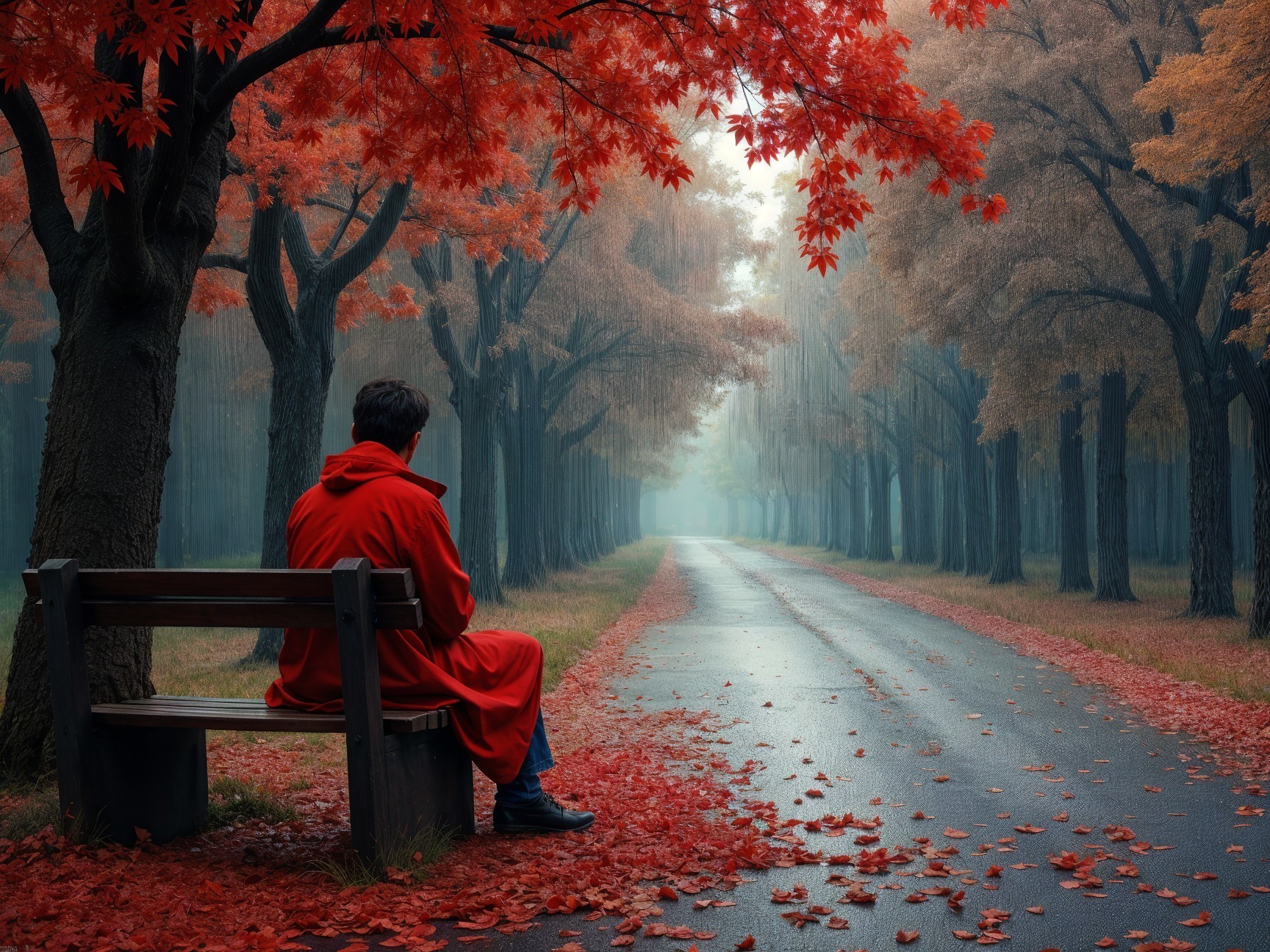 Person in red coat on bench by misty tree pathway