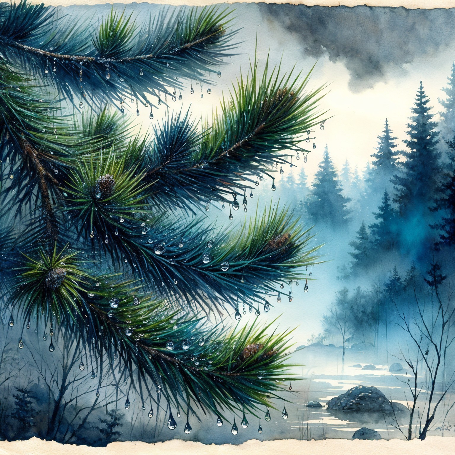 Watercolor of Pine Branches with Misty Forest Background