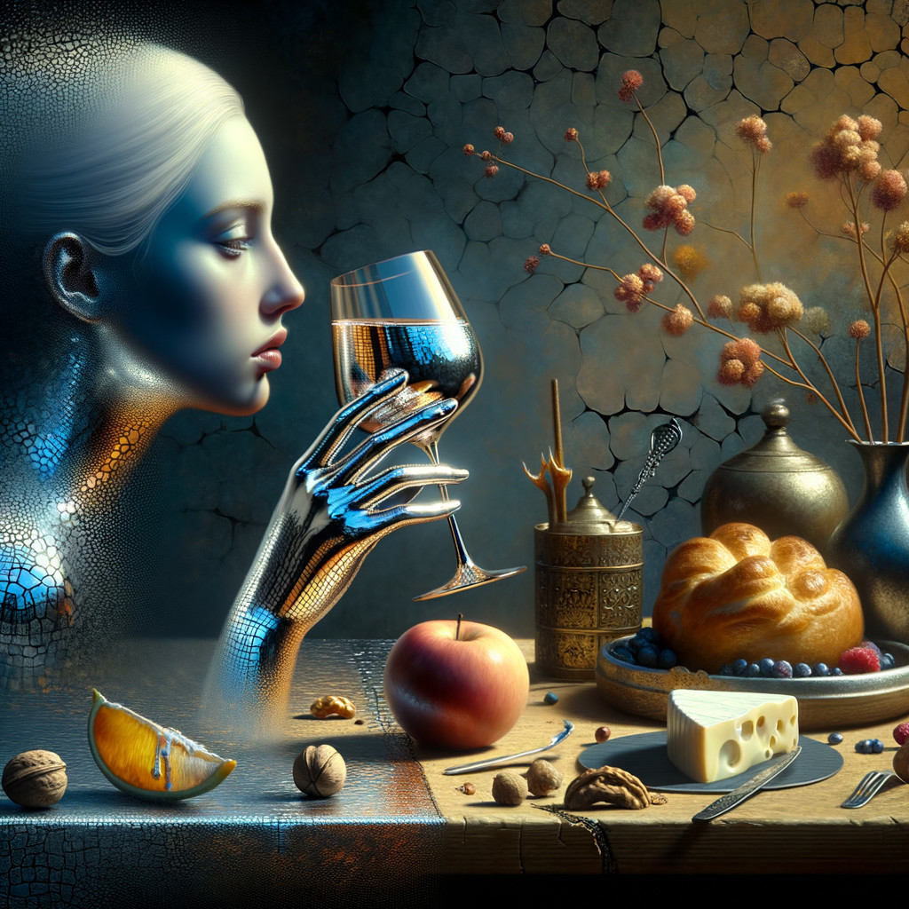 Surreal Scene of Woman with Metallic Hand and Wine