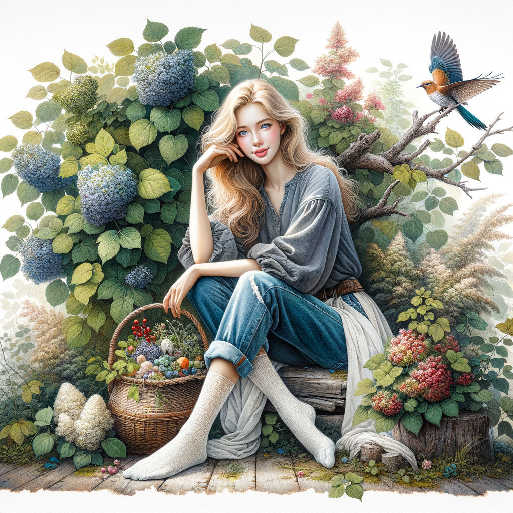 Serene Woman in Nature with Fruits and Flowers