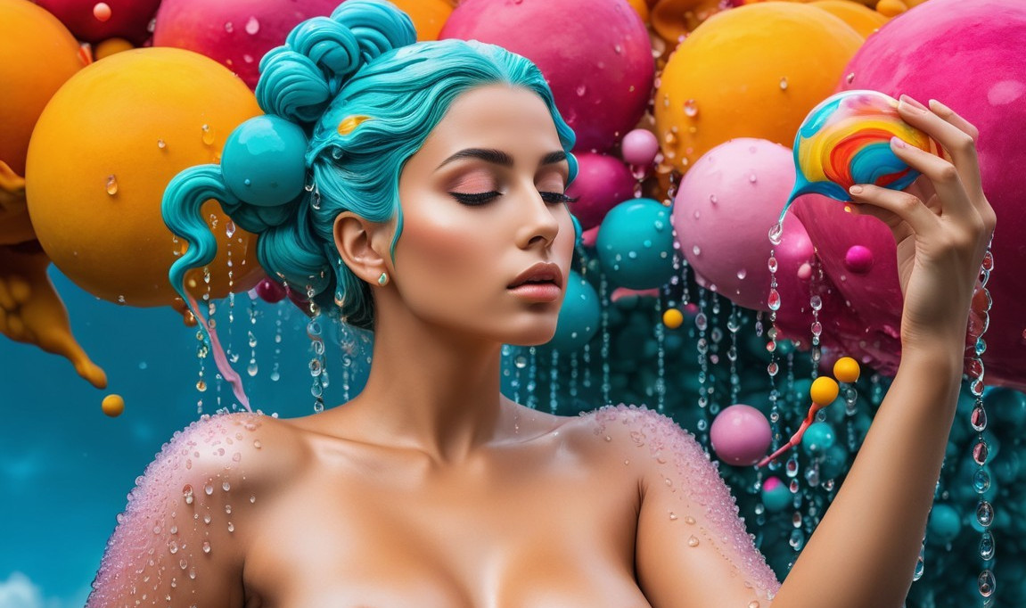 Woman with Turquoise Hair in Colorful Sphere Setting