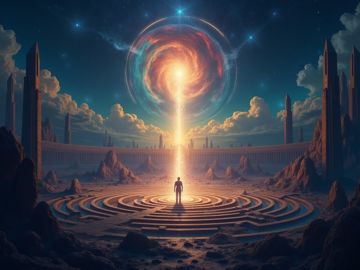 Lone Figure in Mystical Labyrinth with Cosmic Backdrop