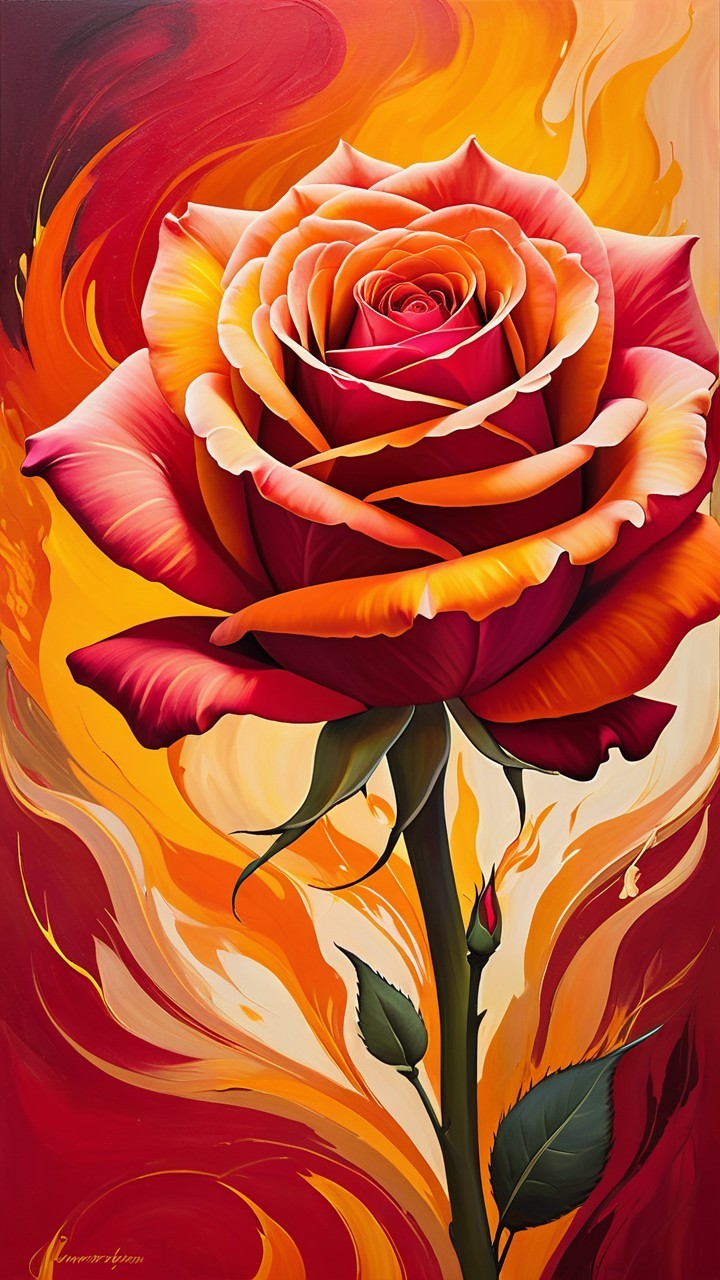 Vibrant Painting of a Rose in Fiery Colors
