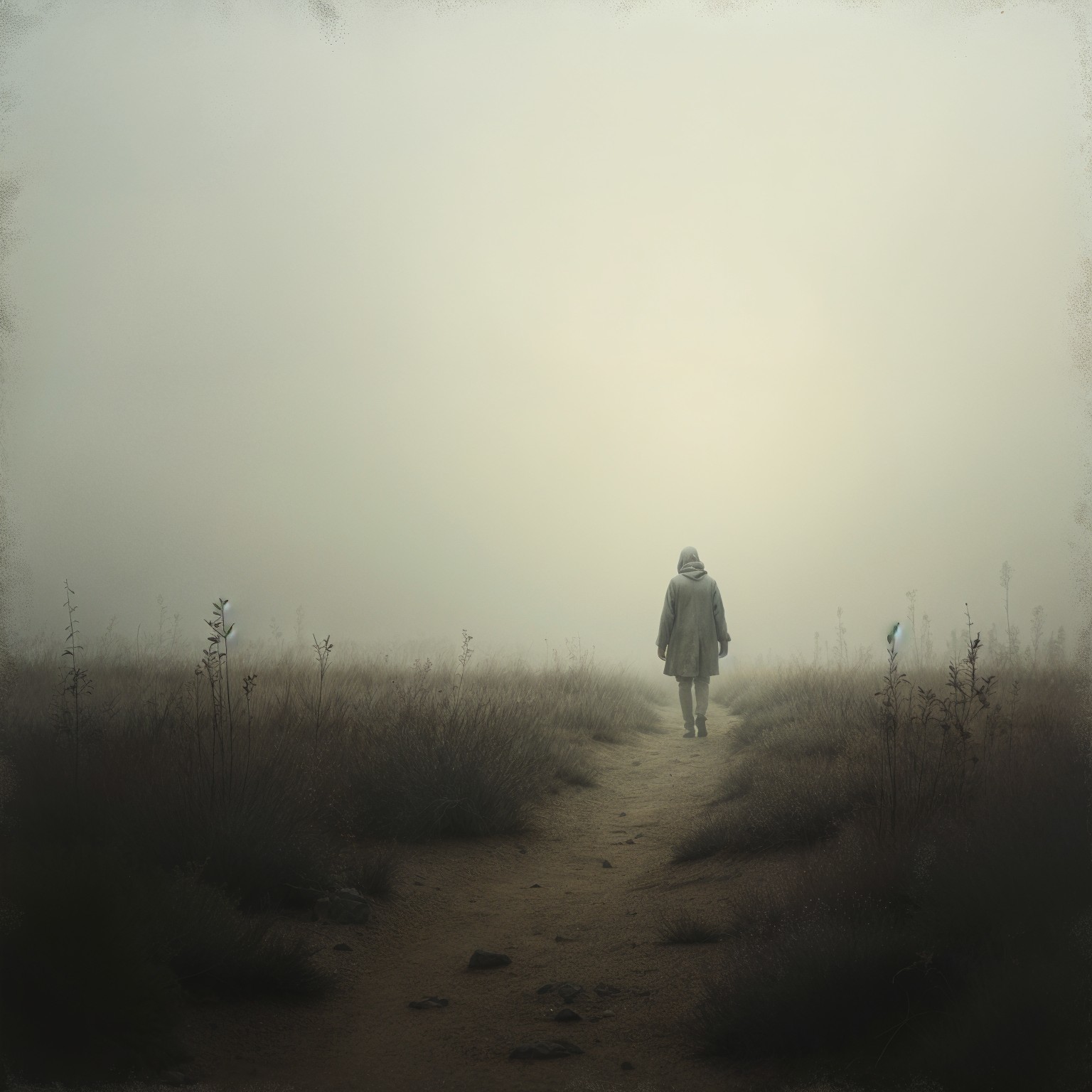 Hooded Figure on Foggy Pathway Surrounded by Grass