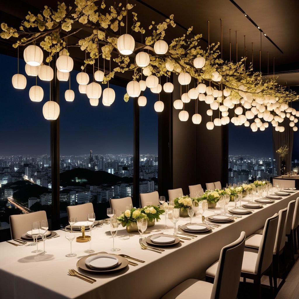 Elegant Dining Table with Floral Centerpieces and Lanterns
