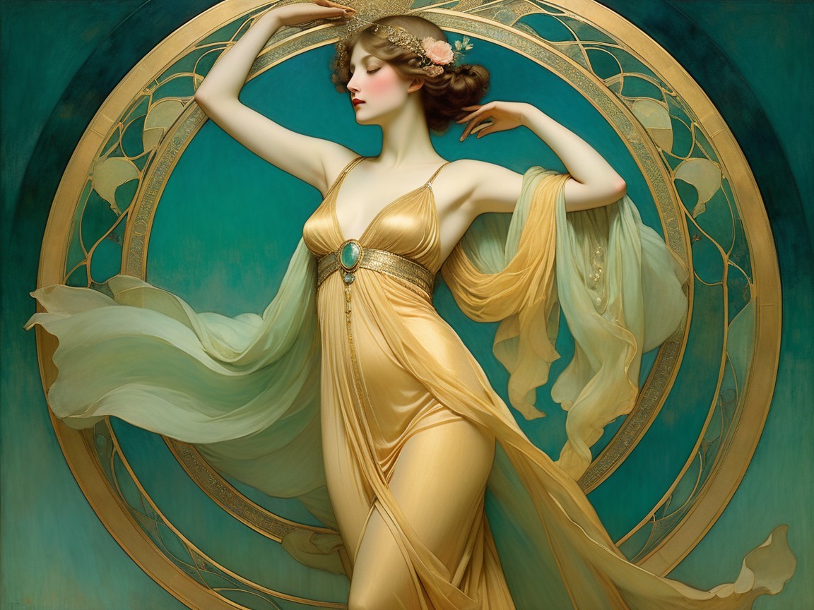 Elegant woman in gold dress with turquoise backdrop