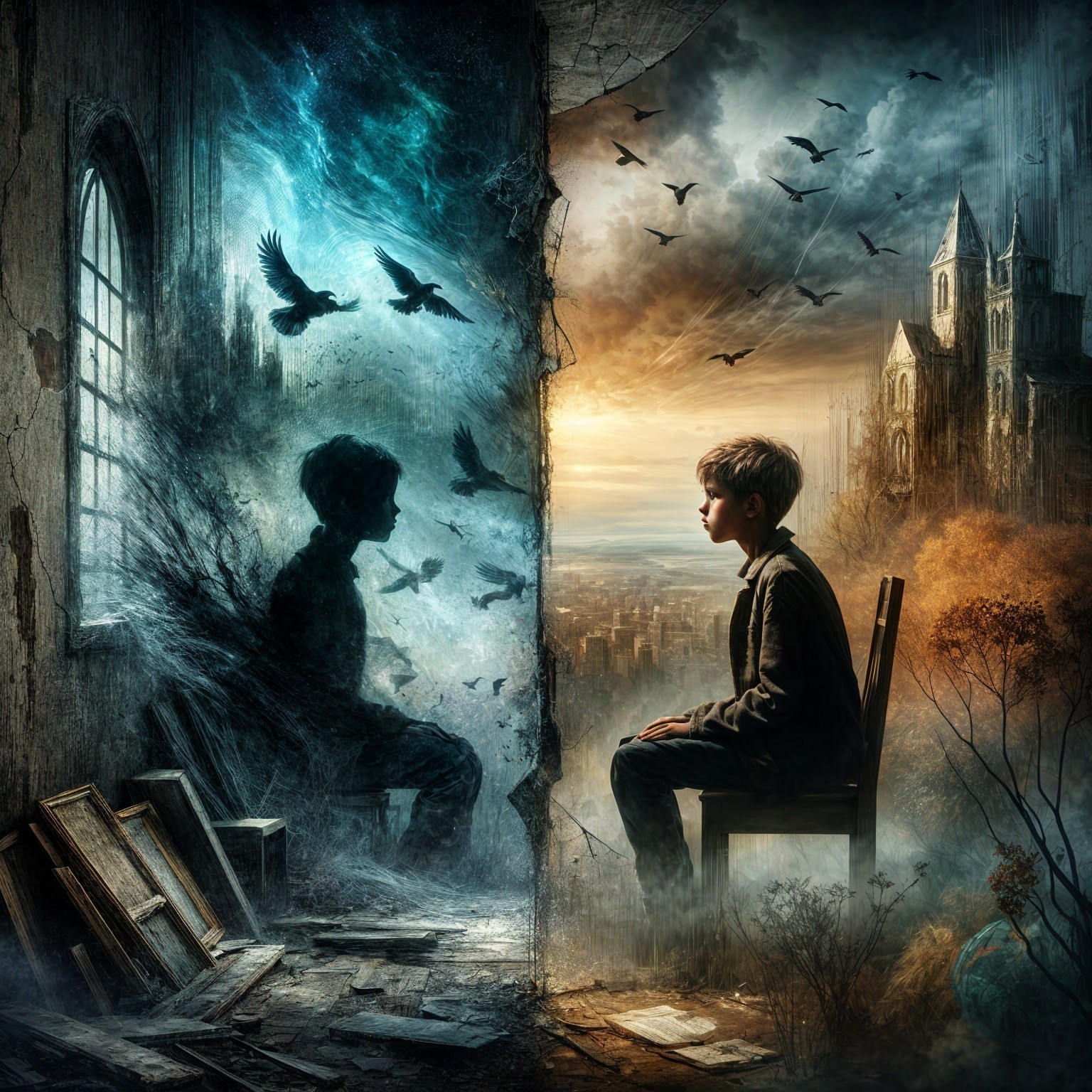 Young boy bridging two contrasting worlds of chaos and beauty