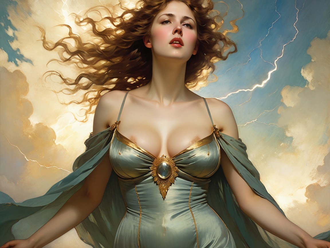Striking Woman in Elegant Gown Against Dramatic Sky