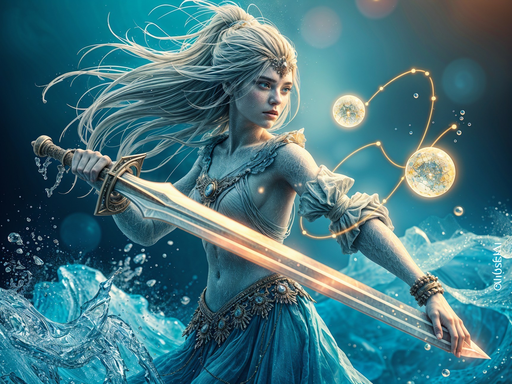 Warrior with Glowing Sword Emerges from Ocean Waves