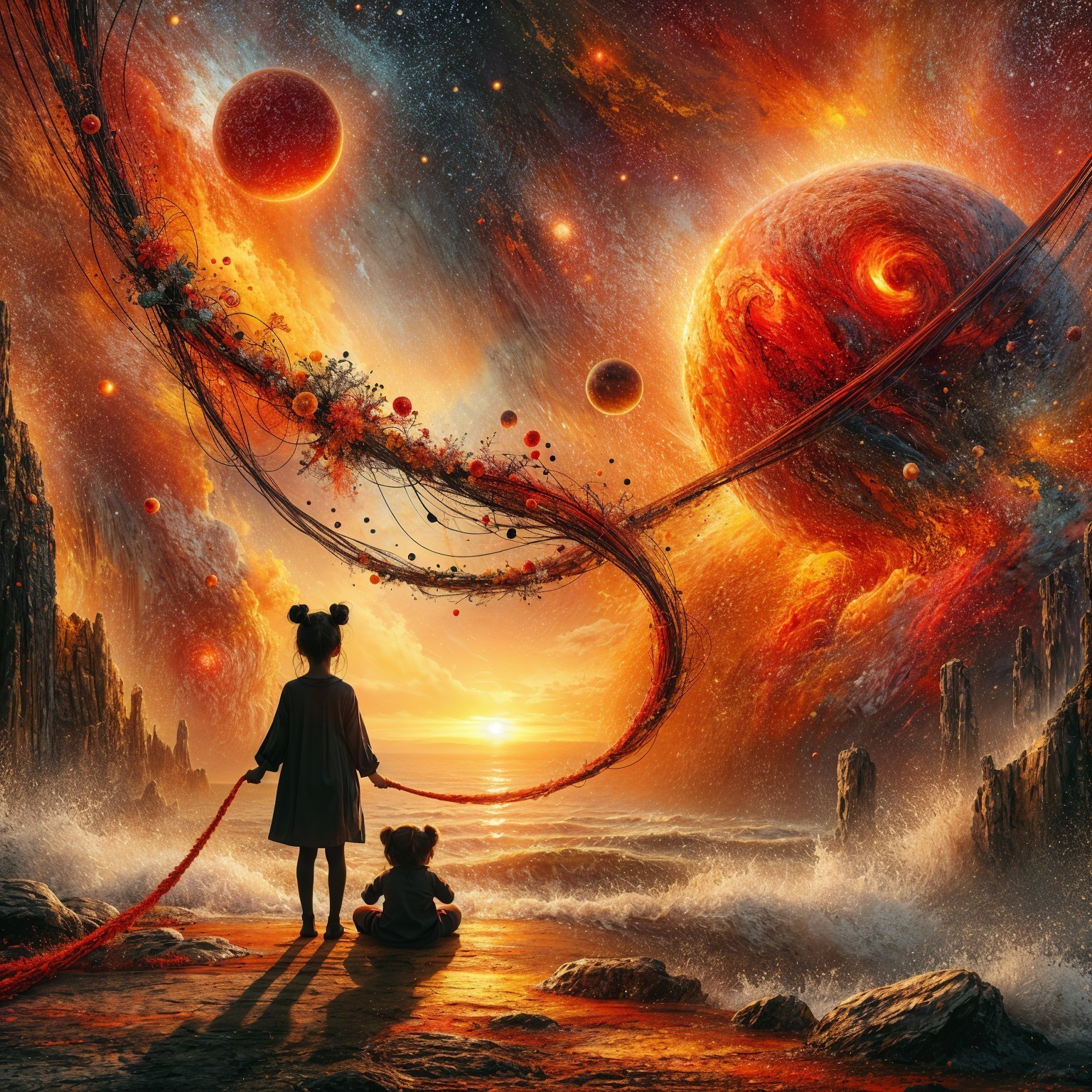 Children on Shoreline Under Vibrant Cosmic Sunset