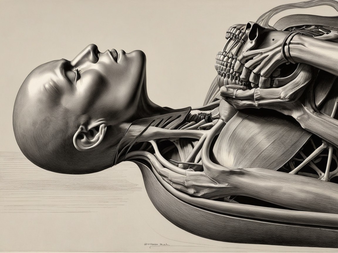 Hyper-realistic Human Figure with Skull and Anatomy Details