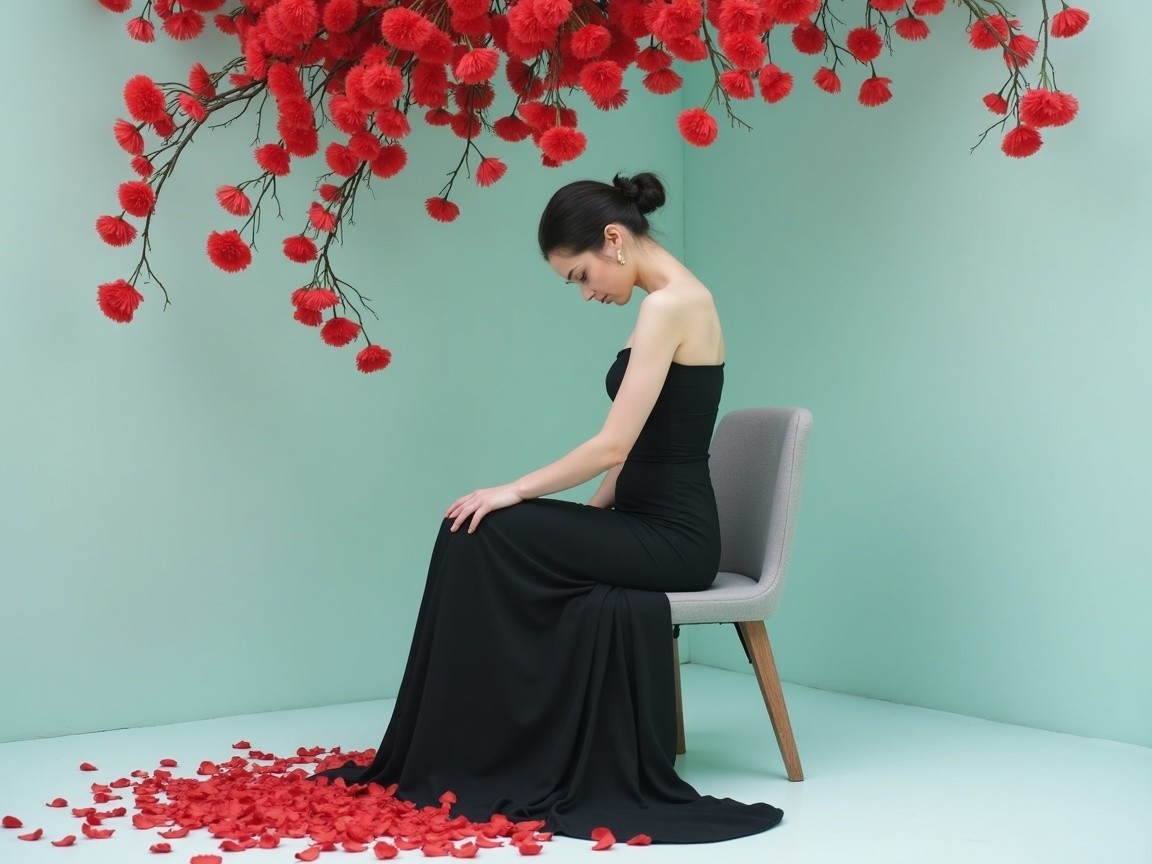 Woman in black gown amidst red floral arrangements