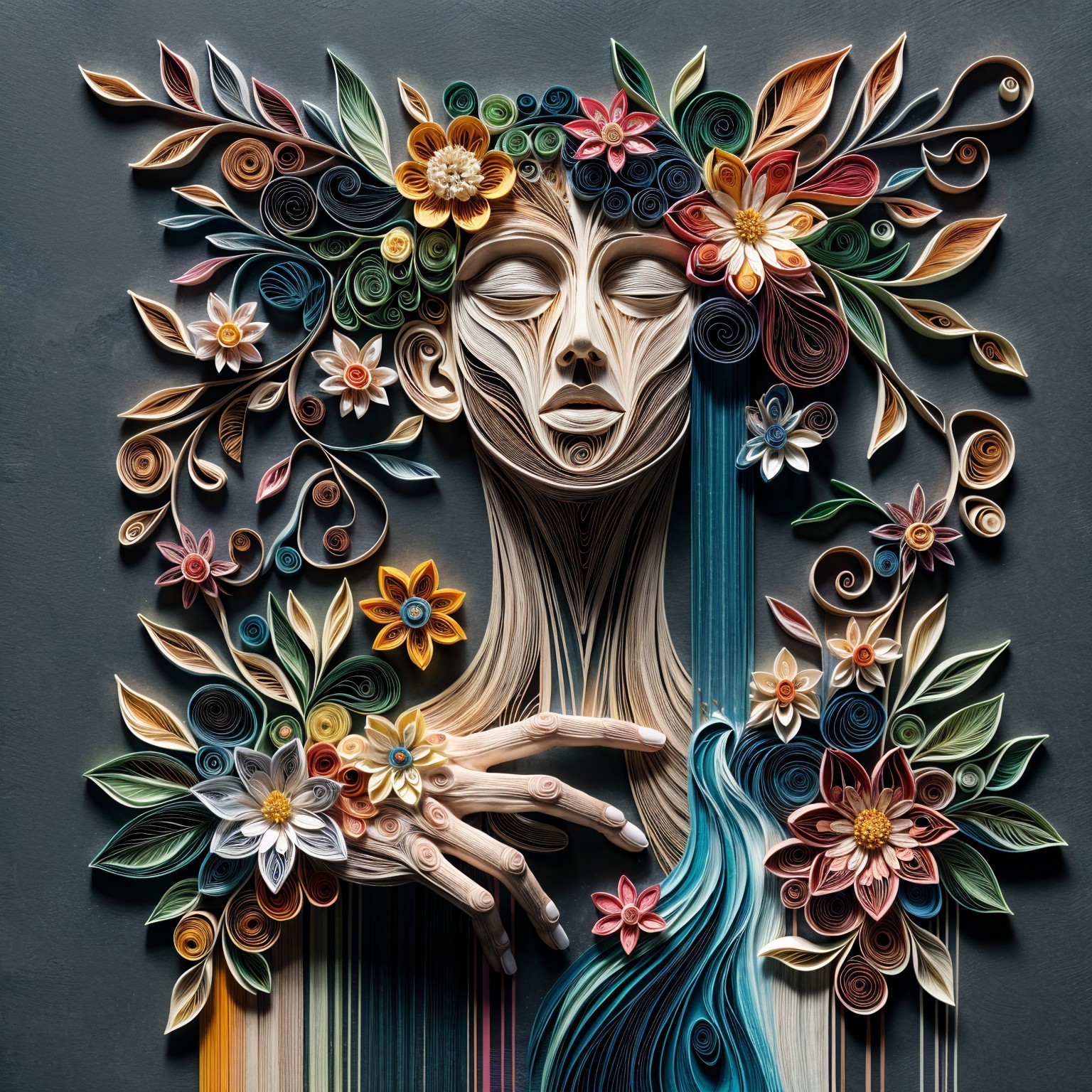 Paper Quilling Art of Serene Face with Floral Patterns