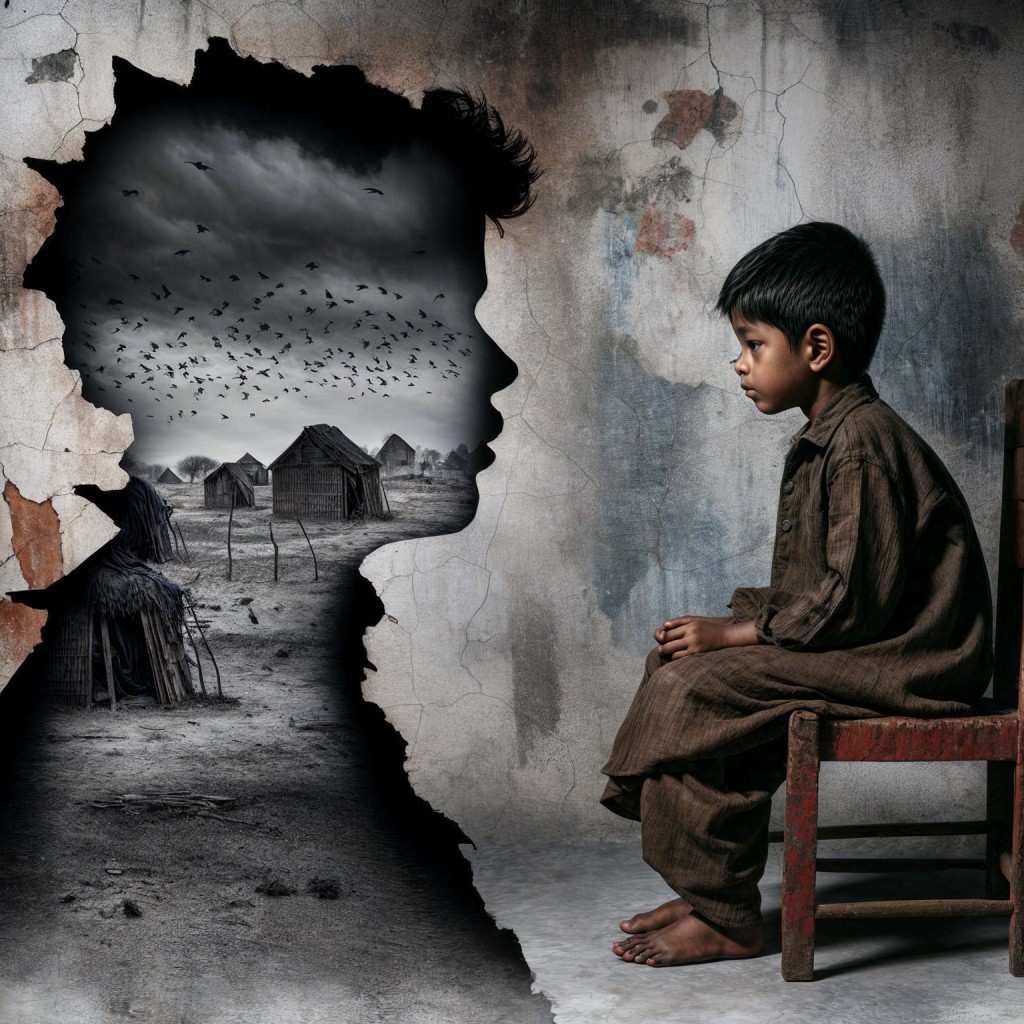 Young Boy Contemplating in a Stormy Village Landscape