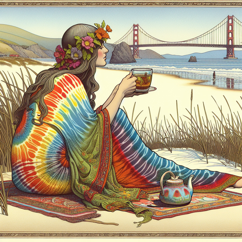Woman in Tie-Dye Wrap on Beach with Golden Gate Bridge