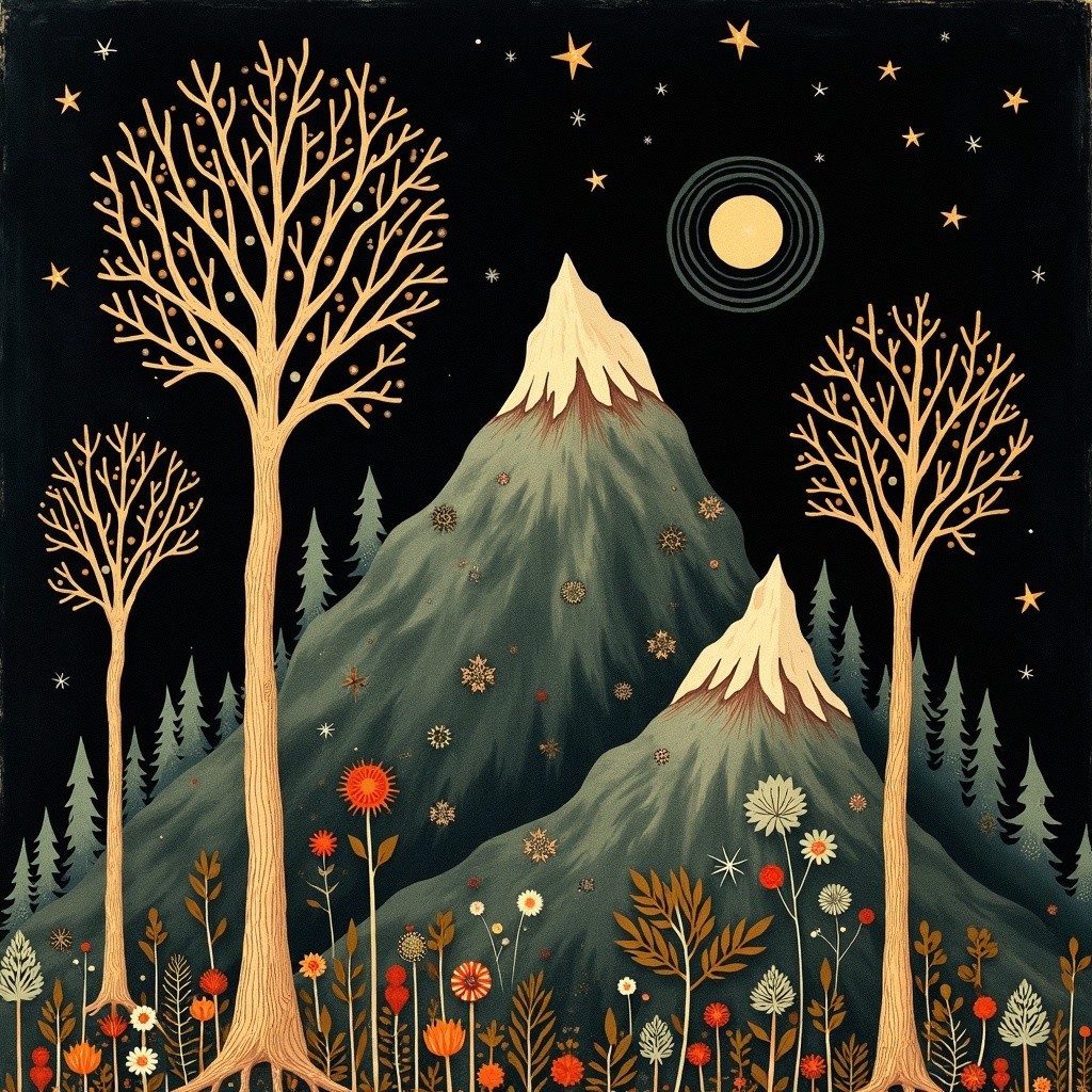Whimsical Landscape with Mountains and Vibrant Flowers