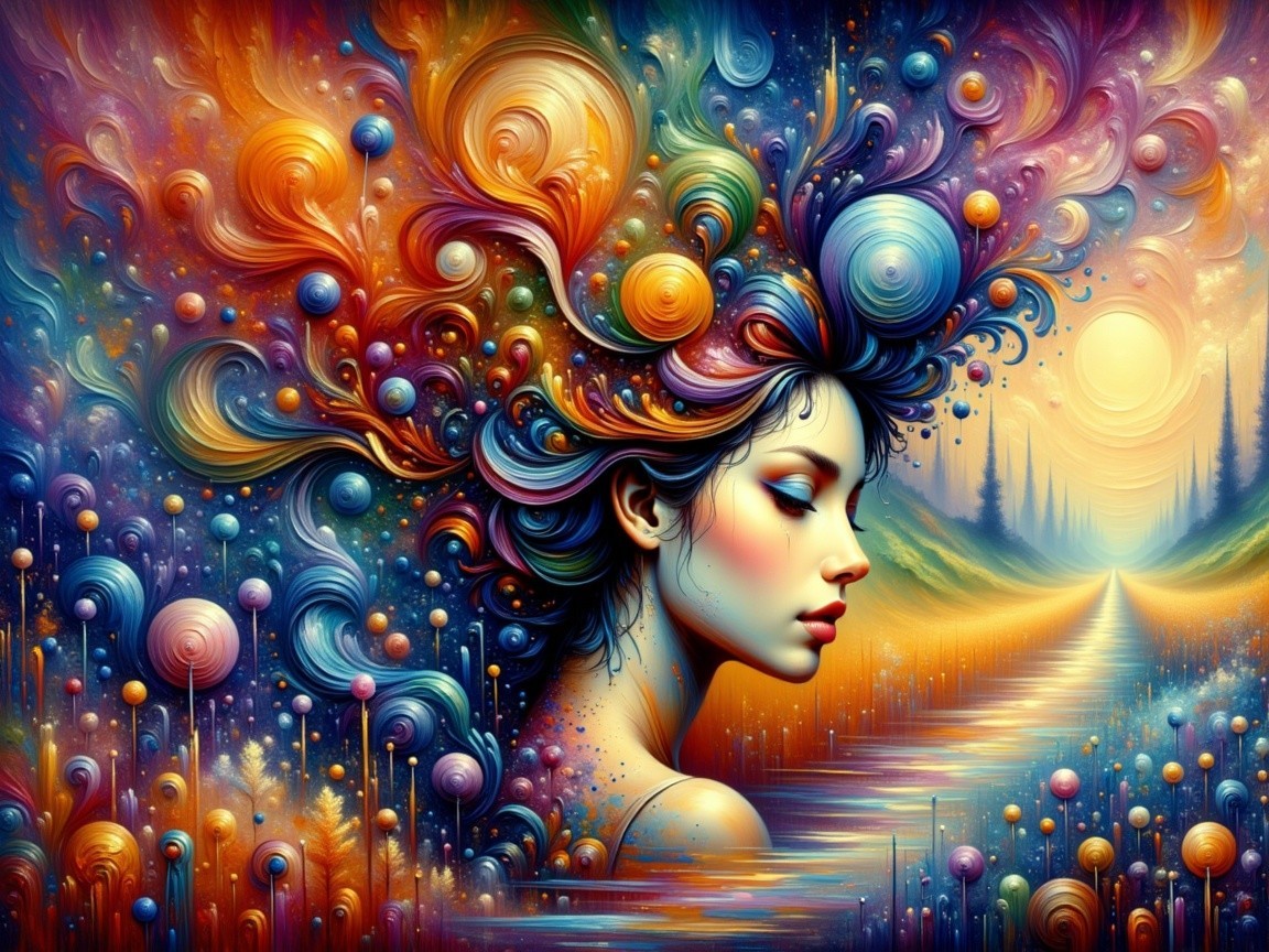 Vibrant Abstract Woman's Profile with Colorful Landscape