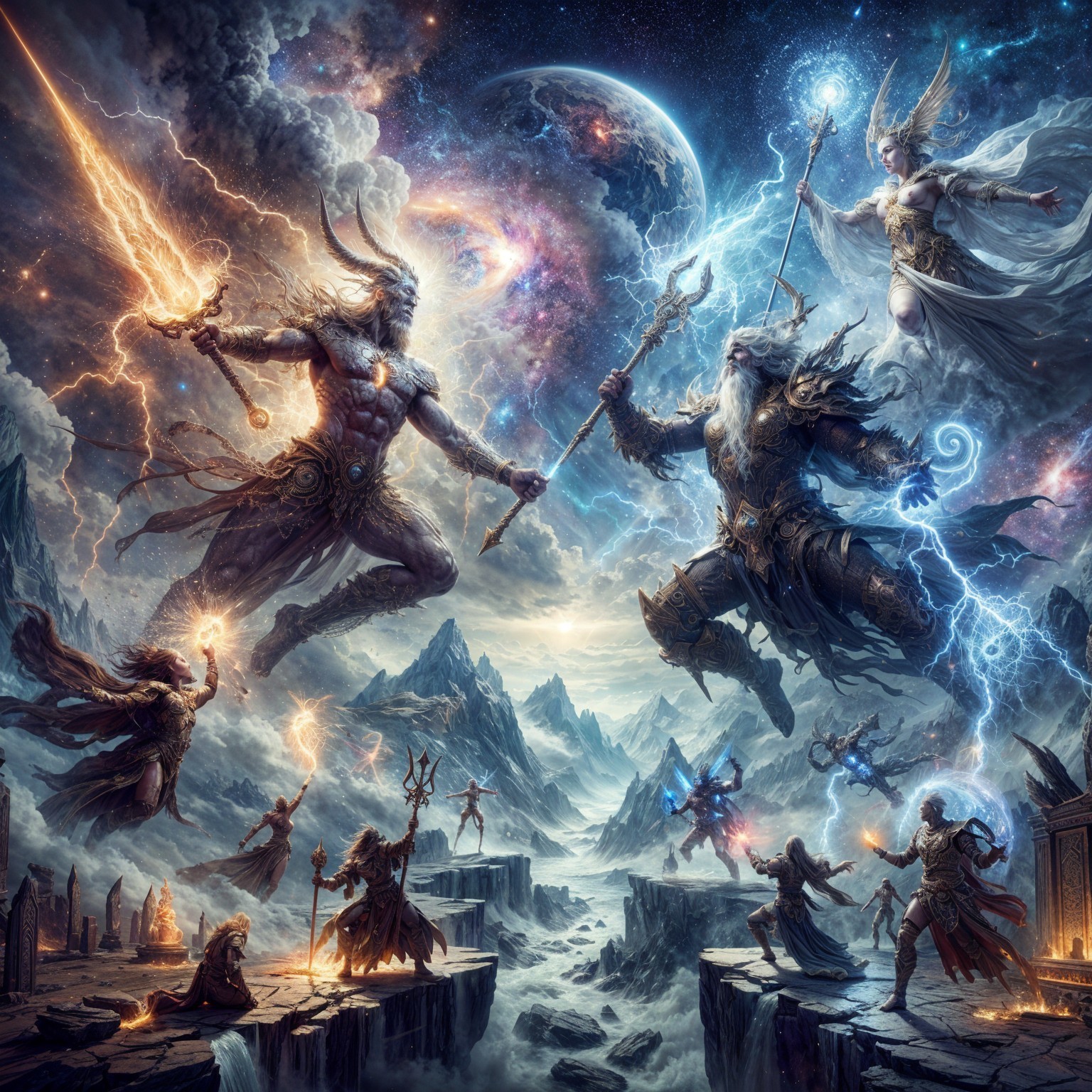 Cosmic Battle of Mythical Beings in Vibrant Landscape