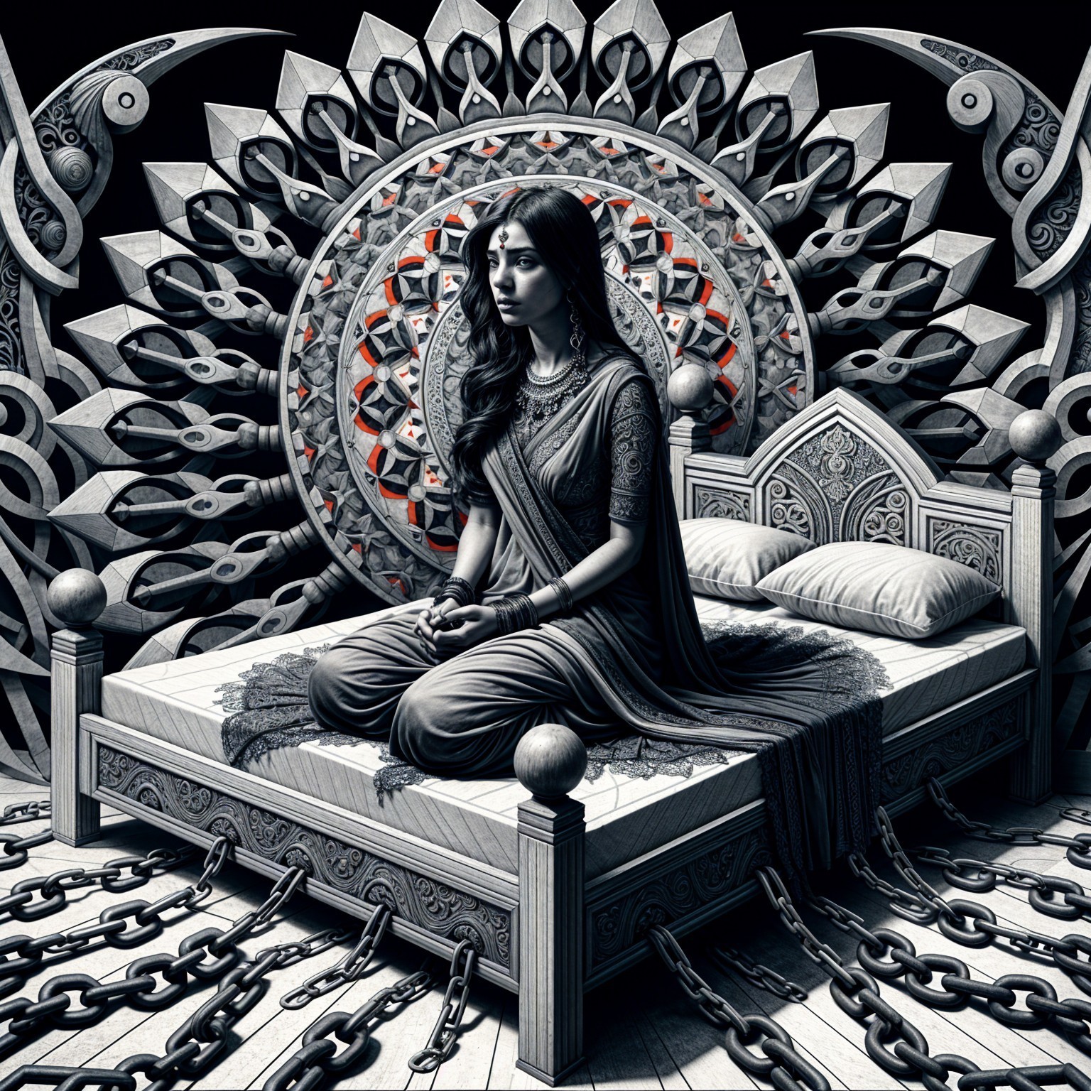 Woman on a patterned bed with mandala backdrop