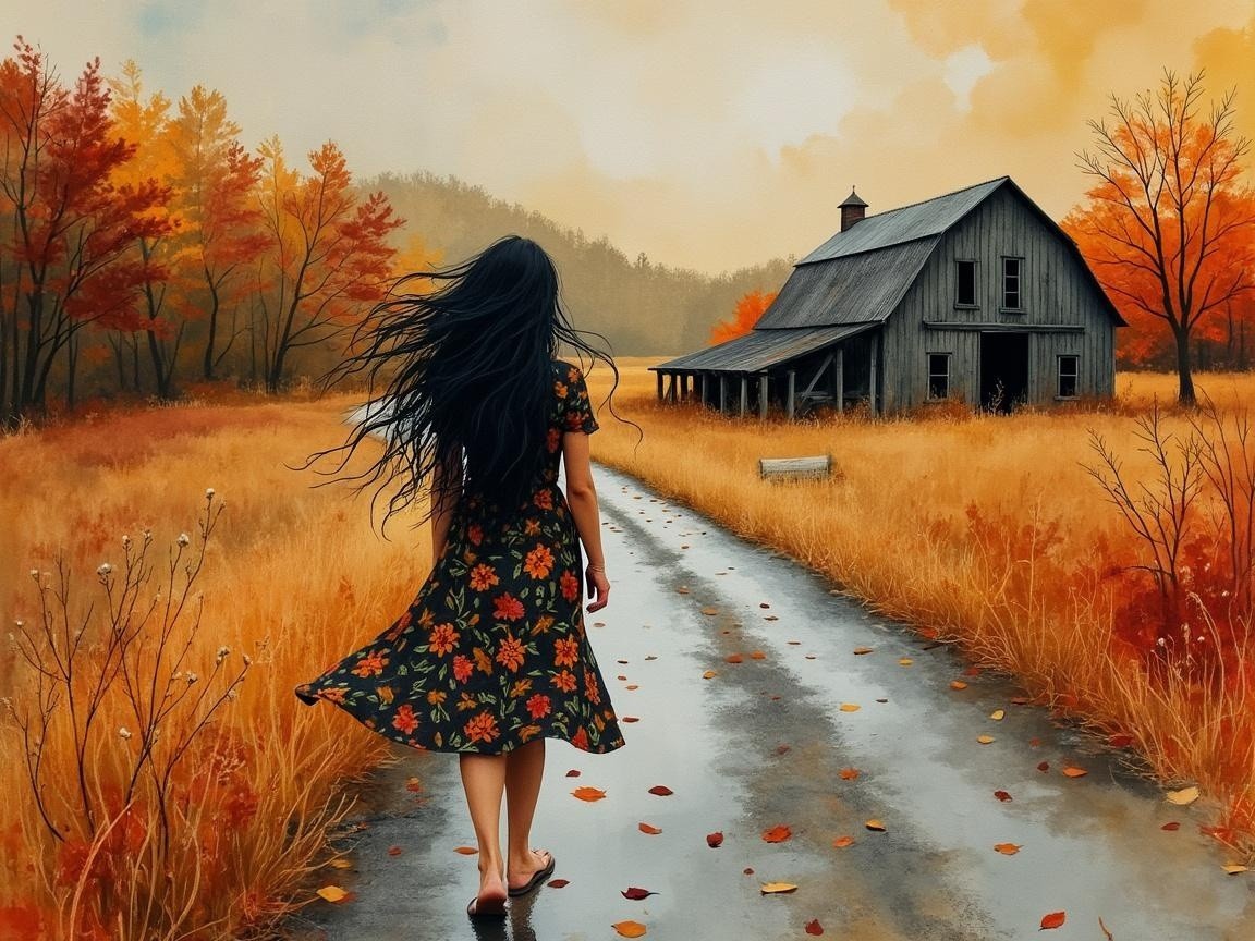 Young Woman in Floral Dress on Autumn Country Road