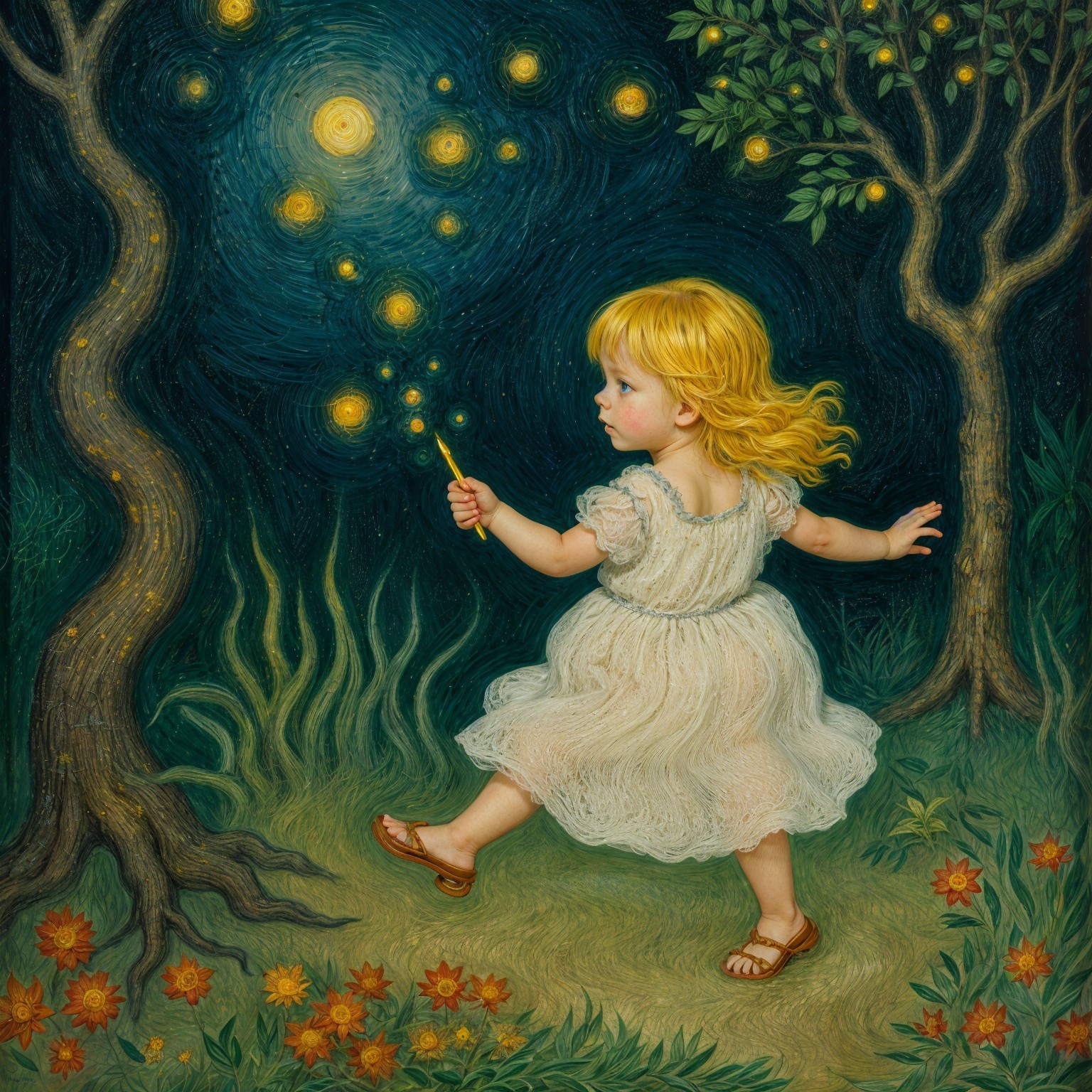 Magical forest scene with a twirling girl in white dress