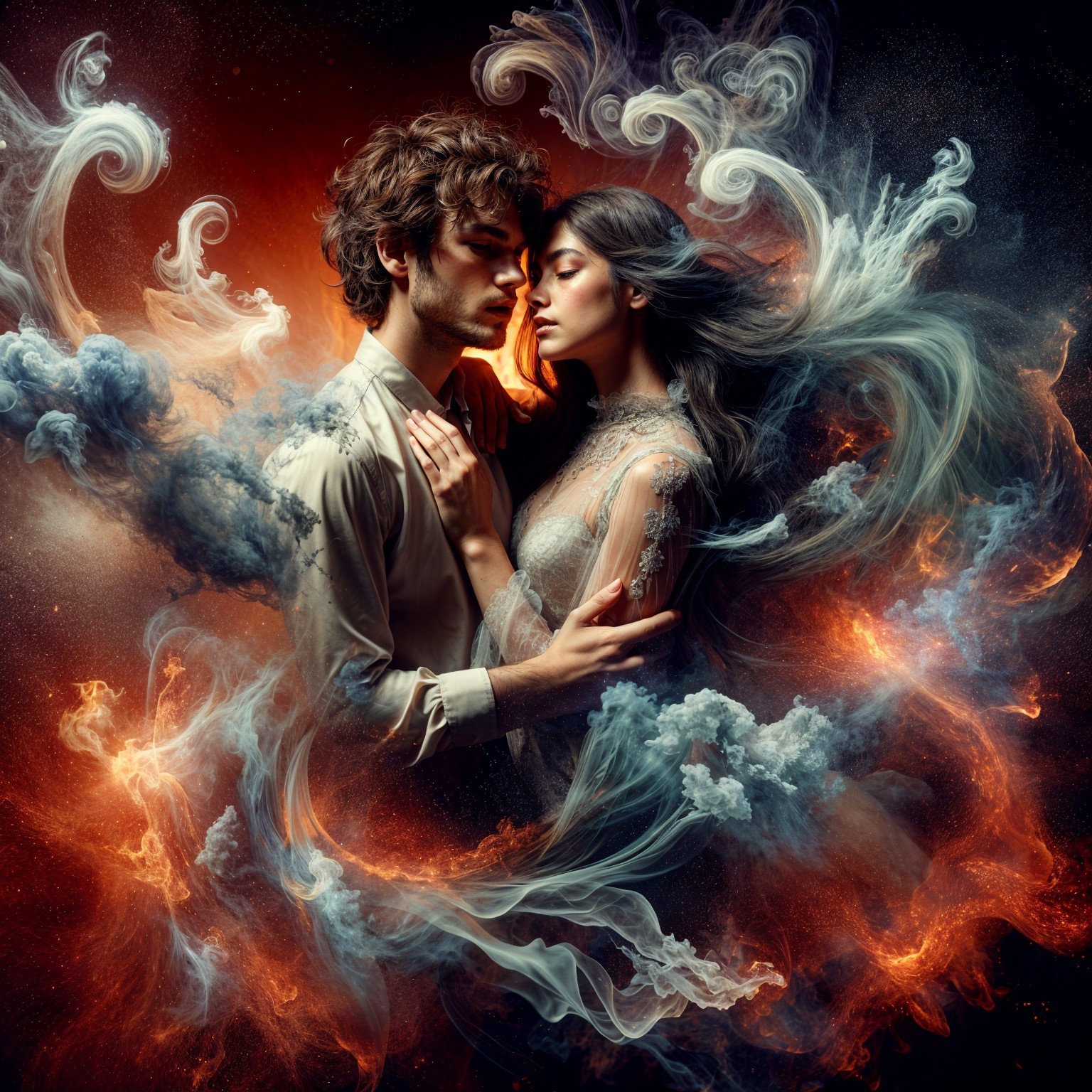 Couple Embracing in Ethereal Colorful Atmosphere