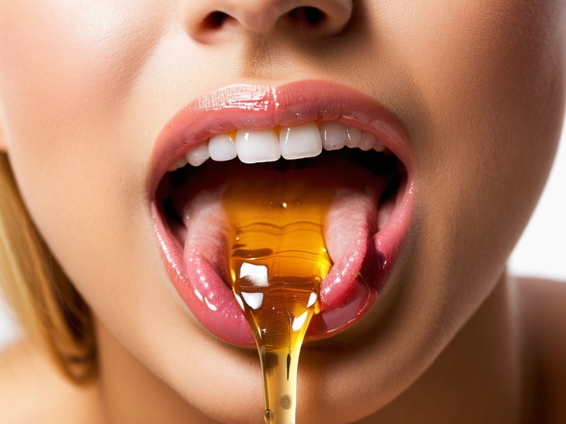 Close-up of woman's mouth with flowing honey detail