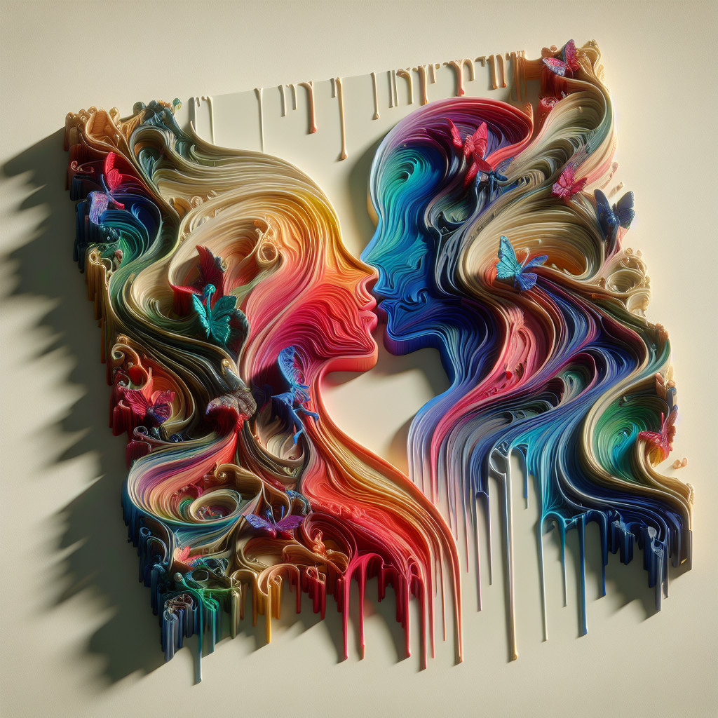 Artistic Profile Faces with Colorful Ribbons and Butterflies
