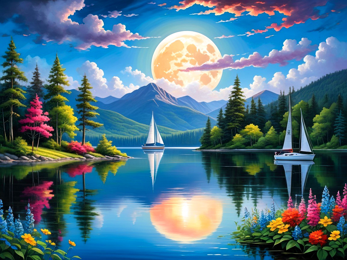 Tranquil Lake Sunset Landscape with Sailboats and Mountains