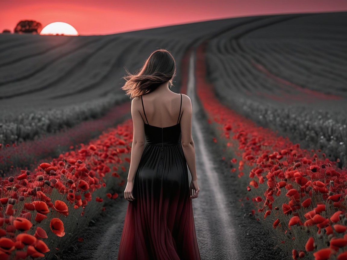 Woman in Black and Red Dress on Winding Path at Sunset
