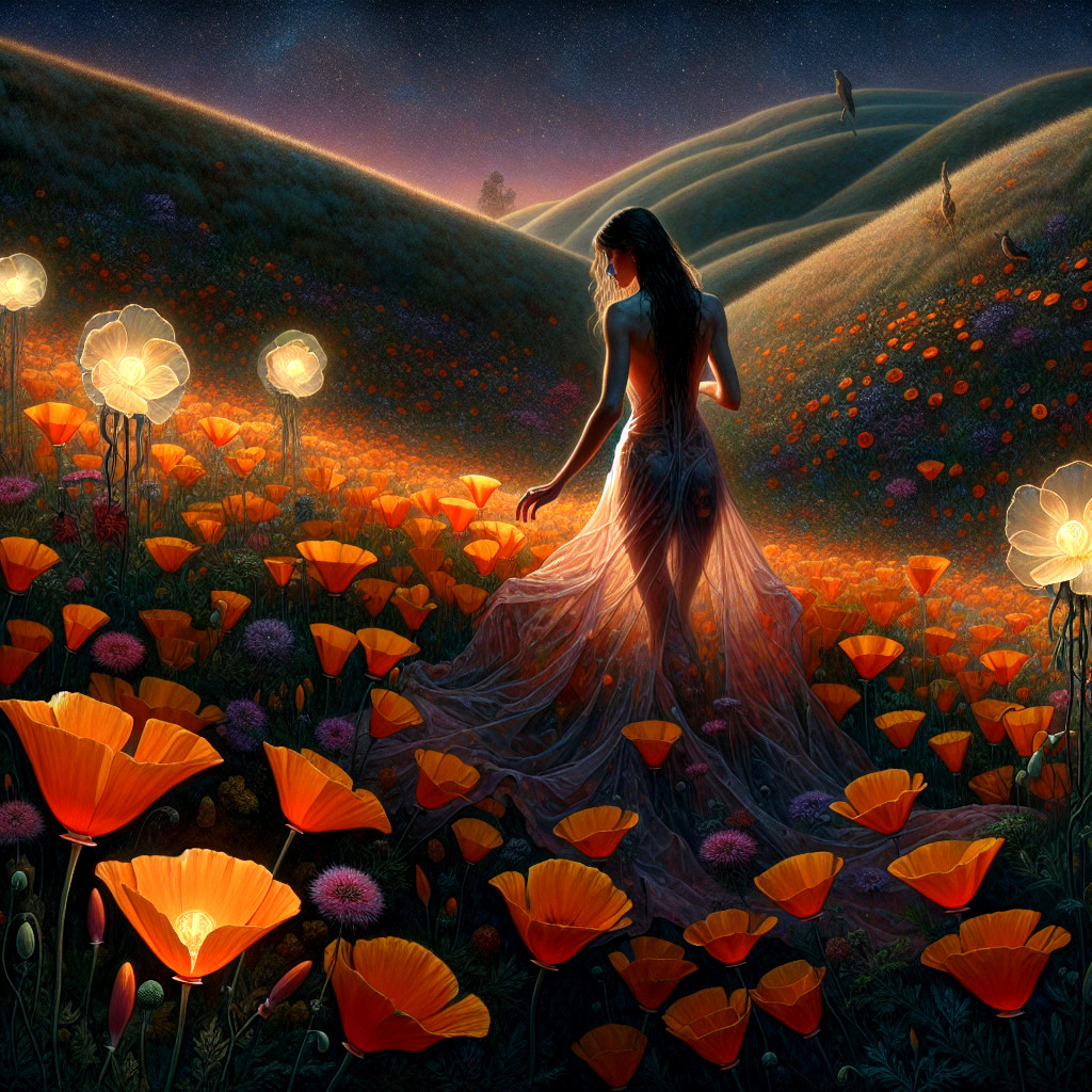 Surreal Landscape with Vibrant Poppies and Starlit Sky