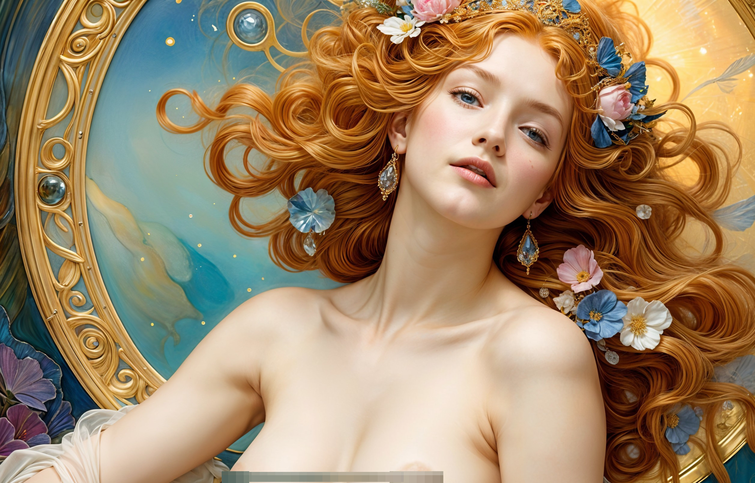 Serene woman with red hair and floral motifs