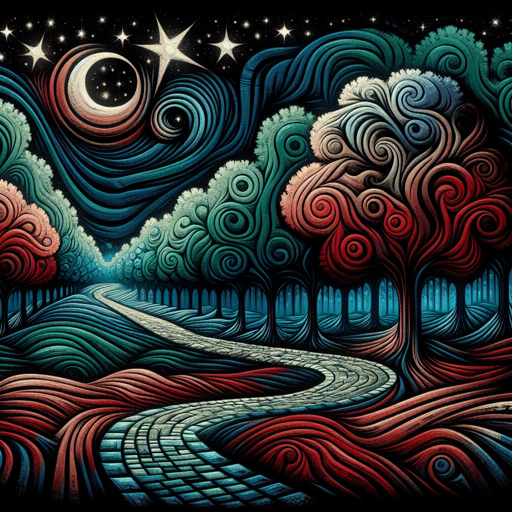Whimsical Landscape with Brick Pathway and Trees
