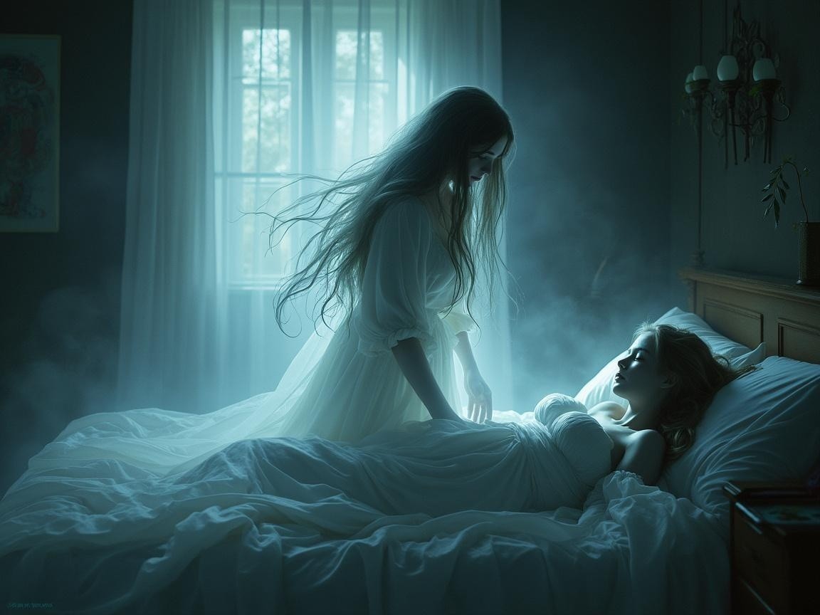 Ghostly Figure in Ethereal Mist Over Sleeping Woman