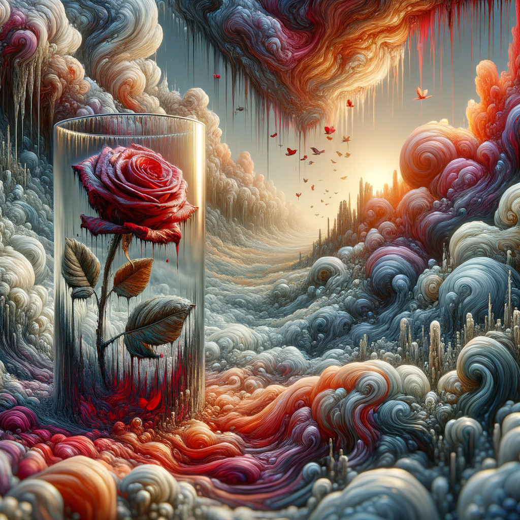 Surreal Landscape with Majestic Rose in Glass Cylinder