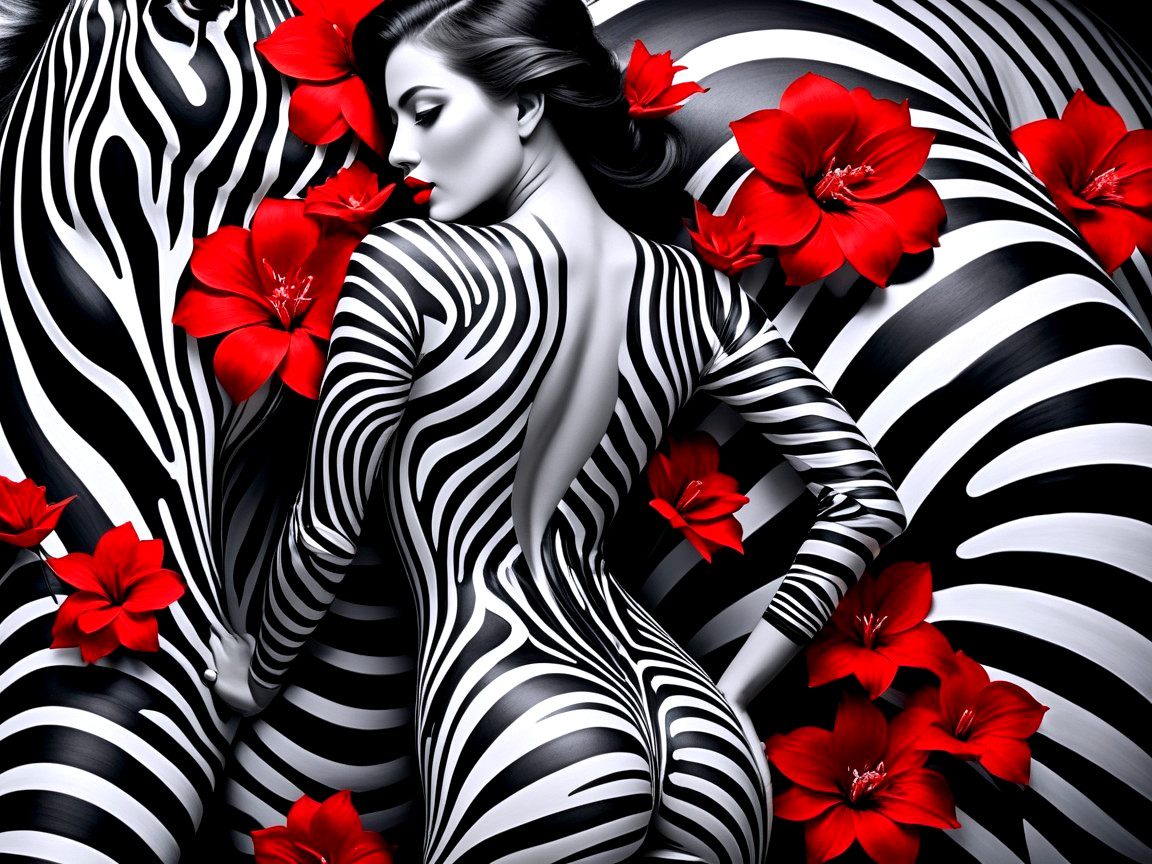 Black and White Model in Zebra Bodysuit with Flowers