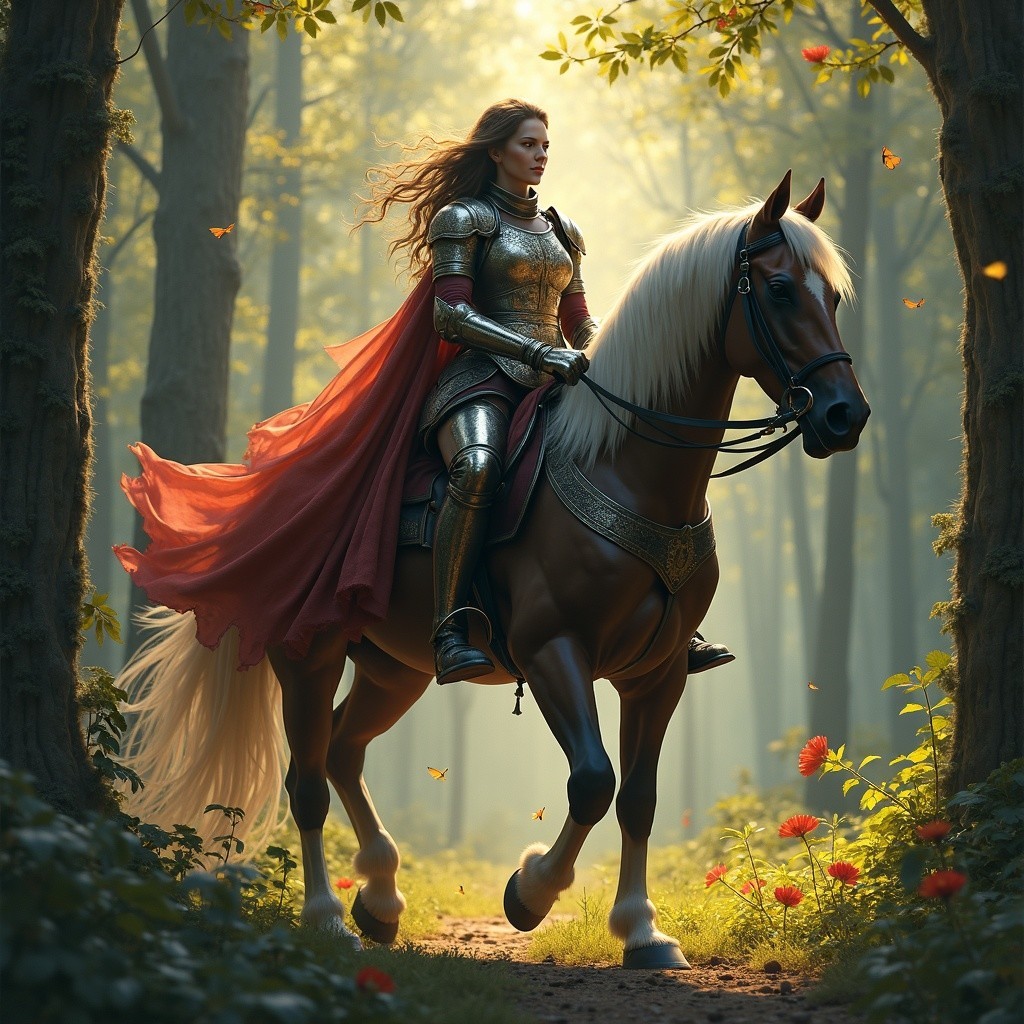 Knight on White Horse in Serene Forest Setting