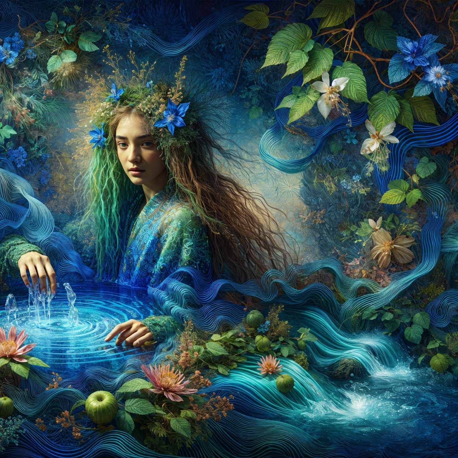 Mystical Scene of Woman by Serene Shimmering Pool