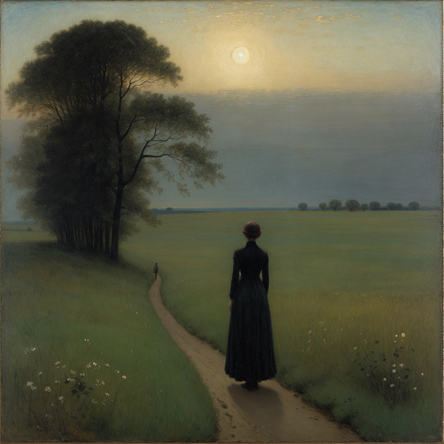 Solitary Woman in Black Dress in Serene Landscape