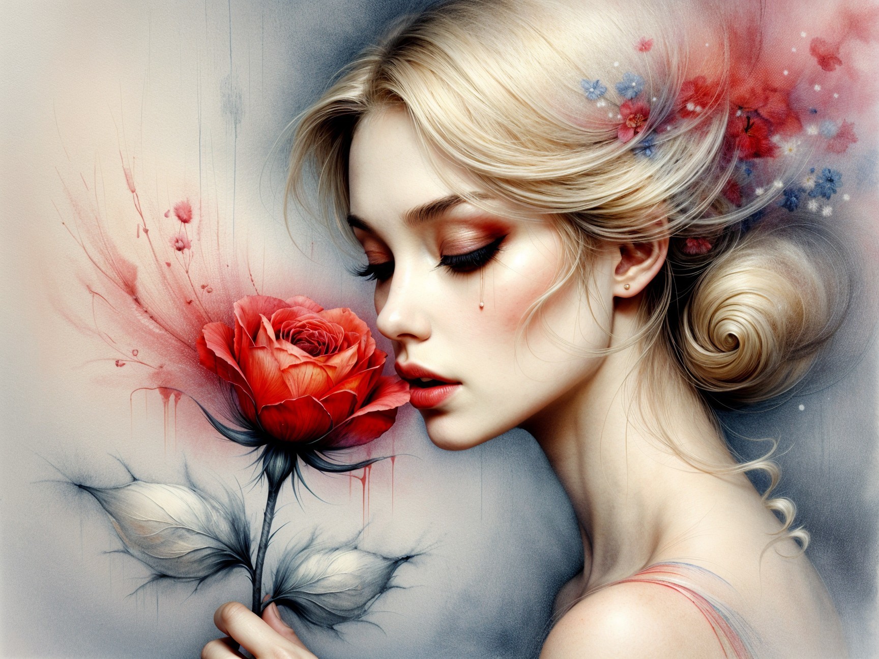 Serene Portrait of a Young Woman with Flowers and Rose