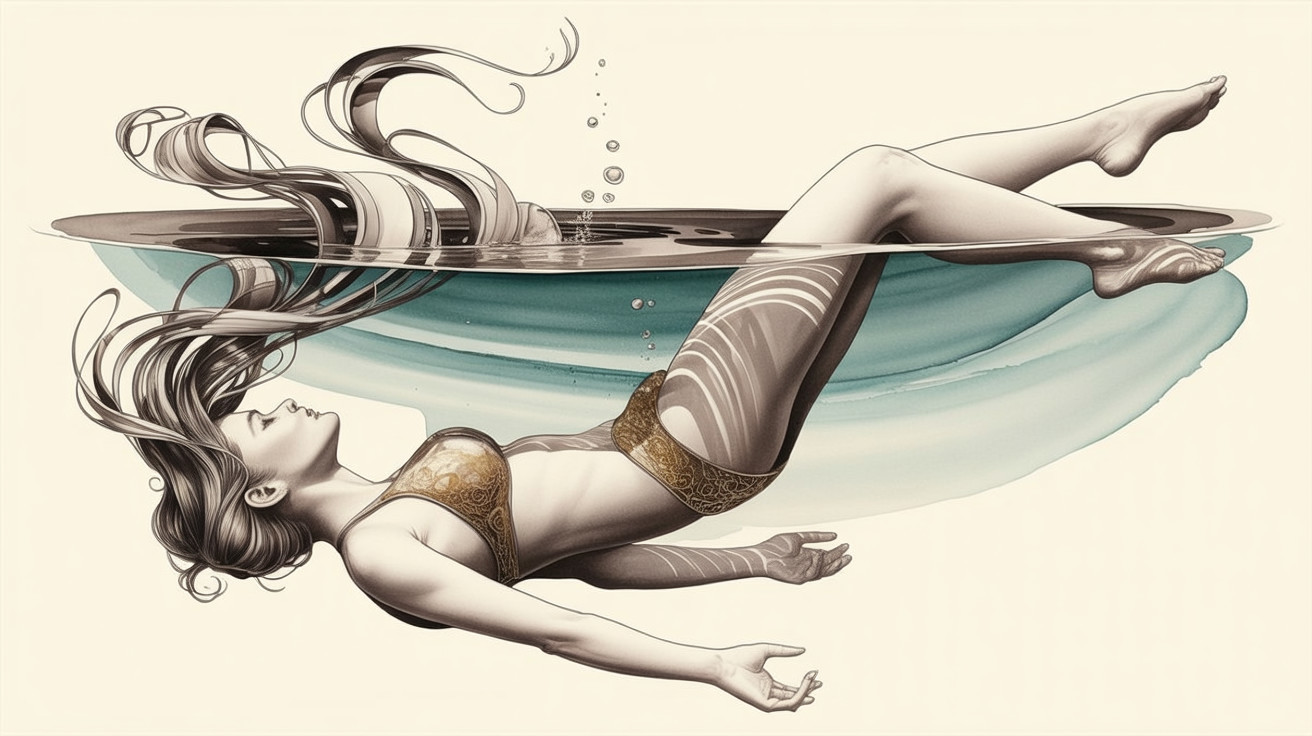 Ethereal Figure Floating in Water with Intricate Patterns