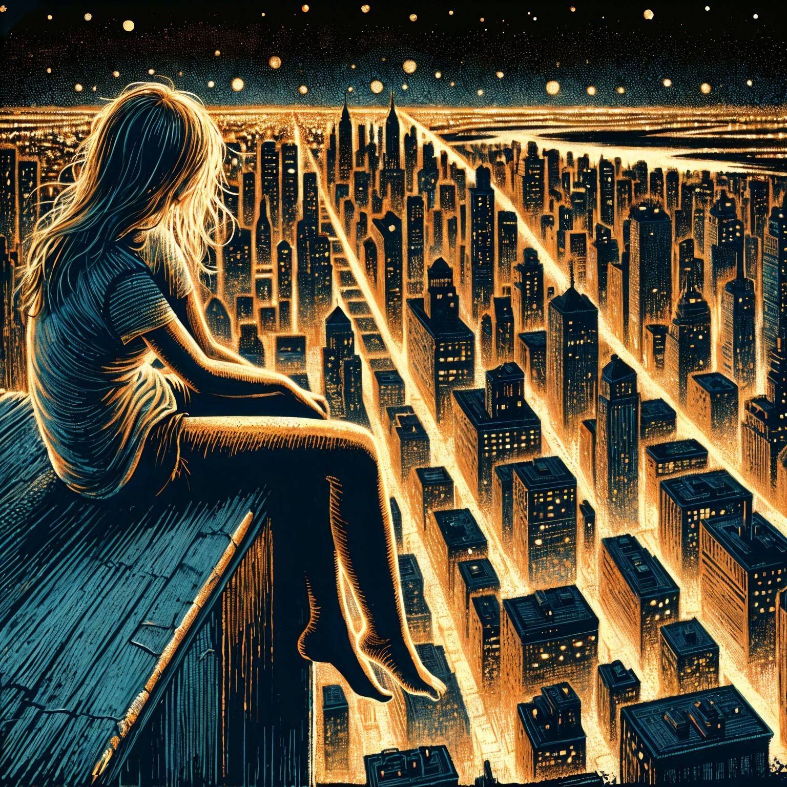 Solitary Figure Overlooking Vibrant Cityscape at Night