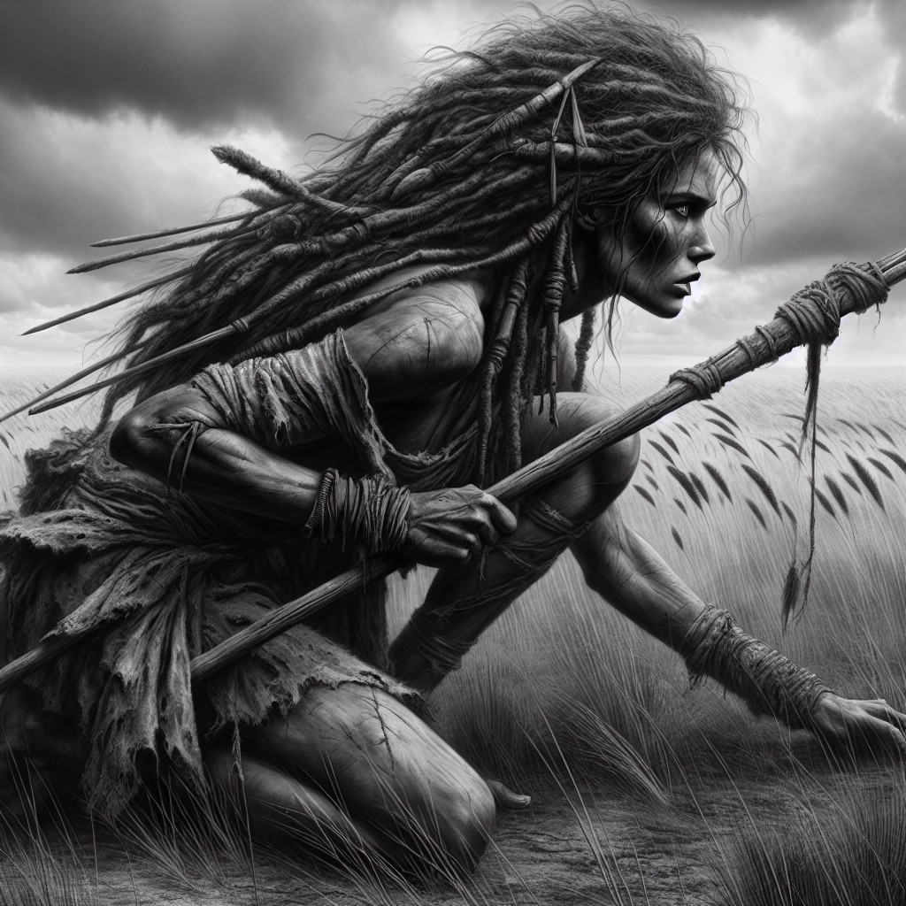 Fierce Warrior in a Desolate Landscape with Spear