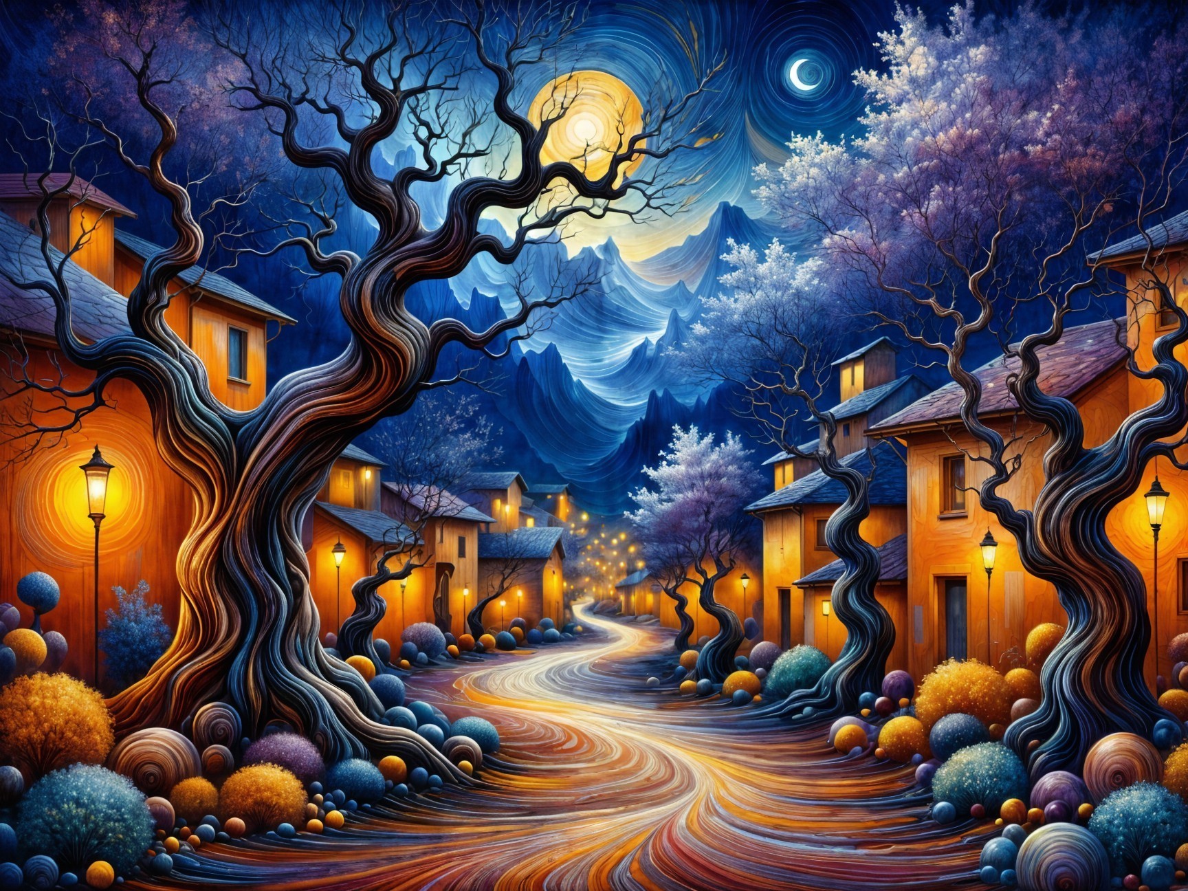 Whimsical Nighttime Scene with Twisted Trees and Moon